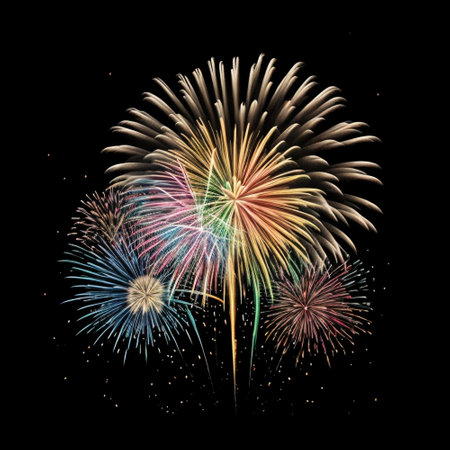 Fireworks of various colors isolated on black background for celebration and anniversaryの素材