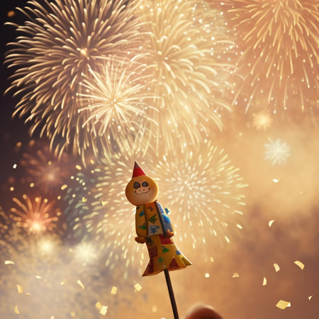 Colorful fireworks and happy snowman on firework background. Christmas and New Year conceptの素材