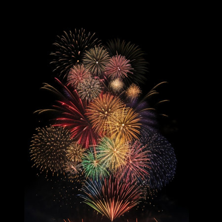Colorful fireworks of various colors isolated on black background with copy spaceの素材