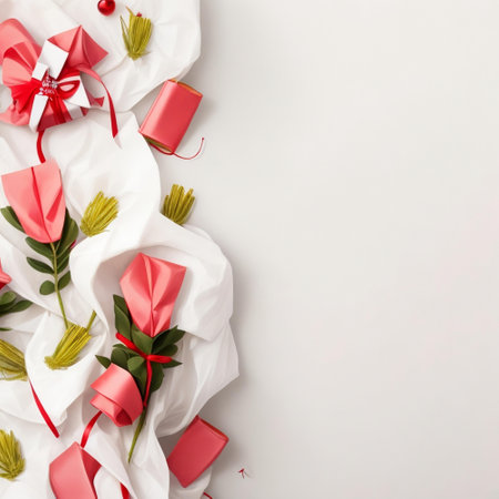 floral pattern, tropical flowers, red ribbons, green leaves, seamless, decorative, beautiful, symmetrical, intricate, botanical, nature inspiredの素材