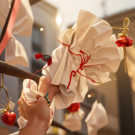 a photograph of a table top covered in festive holiday decorations, including red ribbon bows, berries, greenery, and golden ornaments, flat lay styleの素材