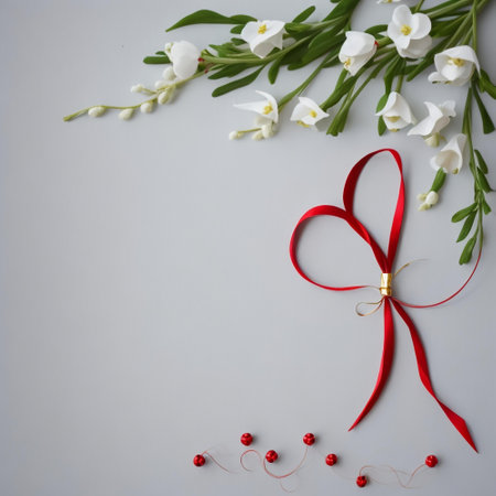 floral pattern, tropical flowers, red ribbons, green leaves, seamless, decorative, beautiful, symmetrical, intricate, botanical, nature inspiredの素材