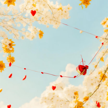 floral pattern, tropical flowers, red ribbons, green leaves, seamless, decorative, beautiful, symmetrical, intricate, botanical, nature inspiredの素材