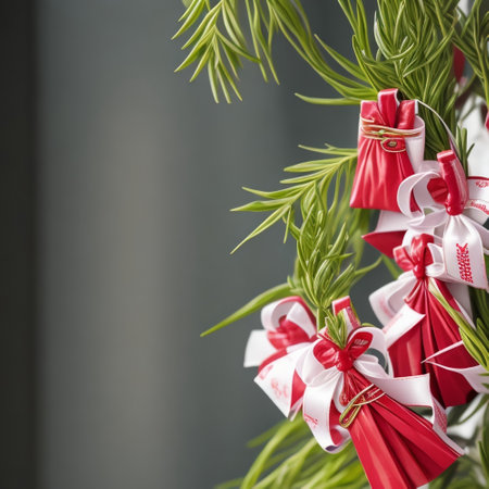 floral pattern, tropical flowers, red ribbons, green leaves, seamless, decorative, beautiful, symmetrical, intricate, botanical, nature inspiredの素材