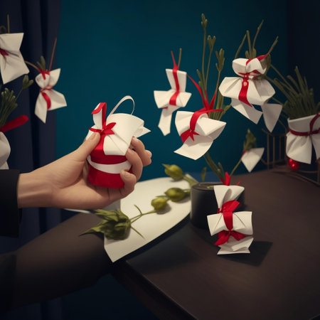 Woman's hand holding a gift box with a red bow in the officeの素材