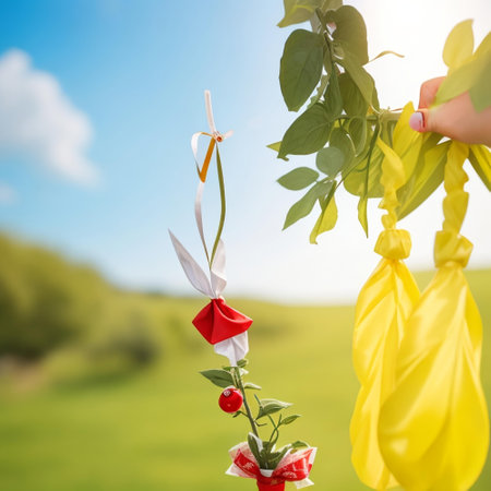Hands of a woman with a red and yellow ribbons on a background of nature.の素材