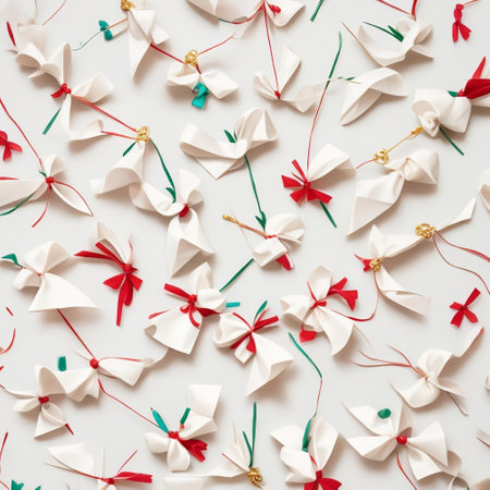 White paper bows with red and green ribbons on a white backgroundの素材