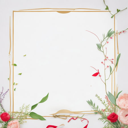 Floral frame on white background. Flat lay, top view.の素材