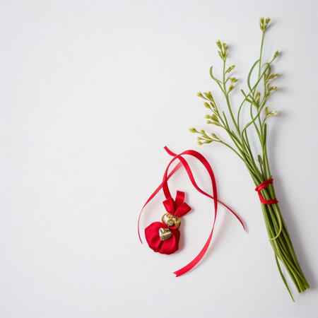 Bouquet of flowers with a red ribbon on a white backgroundの素材