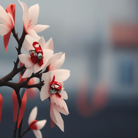 Beautiful white flowers with red ribbons on a blurred background.の素材