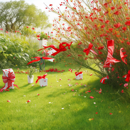 Garden with red poppies and gift boxes on green grassの素材