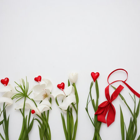 White flowers with red ribbon on white background. Valentines day concept.の素材
