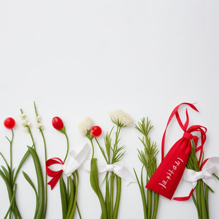 Flowers and red ribbon on white background. Flat lay, top viewの素材