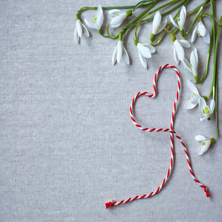 White snowdrops with red and white striped candy canes on a gray backgroundの素材