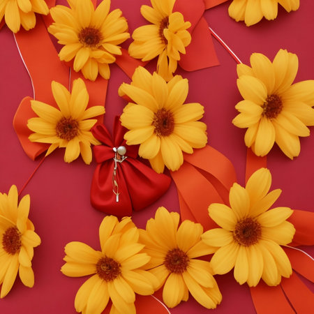 Creative layout made of yellow daisies and red ribbon on red backgroundの素材