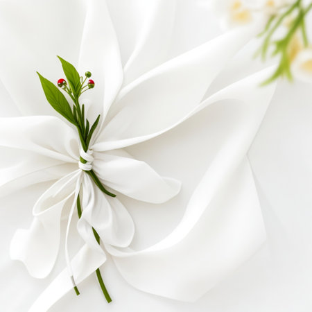 White satin ribbon with a flower on a white background, top viewの素材