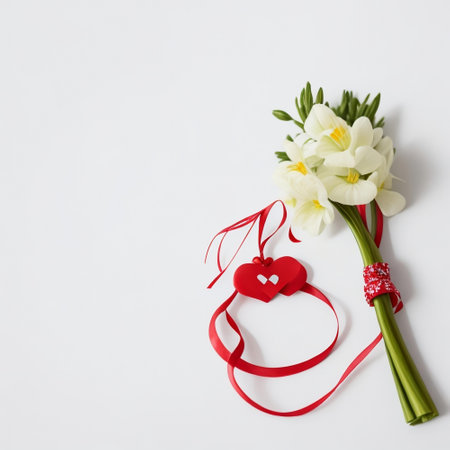 Bouquet of daffodils and a red heart on a white backgroundの素材