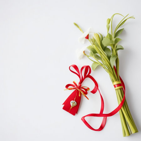 Bouquet of freesia with red ribbon and gift tag on white backgroundの素材