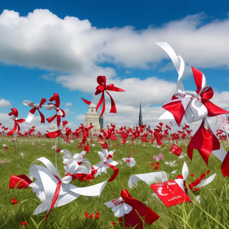 Red and white ribbons on the meadow with the mosque in the backgroundの素材