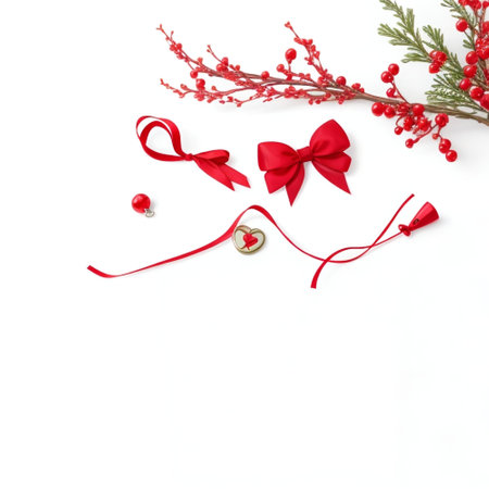 Christmas decoration on white background. Flat lay, top view, copy space.の素材