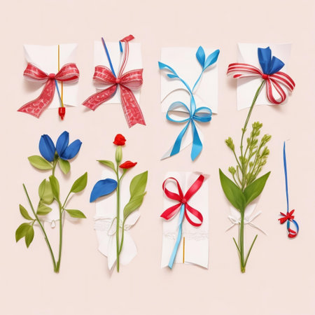 Set of gift cards, envelopes, ribbons and flowers on pink backgroundの素材
