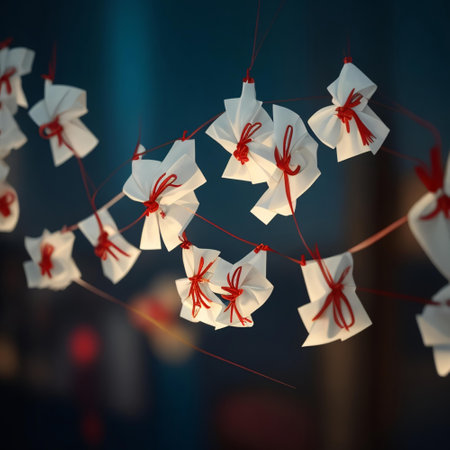 Paper origami japanese lanterns hanging on a rope.の素材