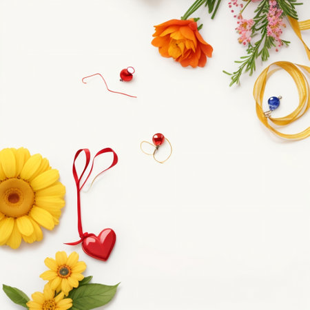Greeting card with flowers and hearts on a white background.の素材