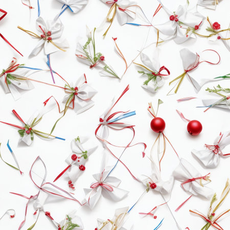 Christmas background. White and red christmas decorations on white background.の素材