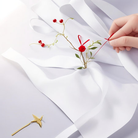 Hand holding a red ribbon with a flower on a white background.の素材