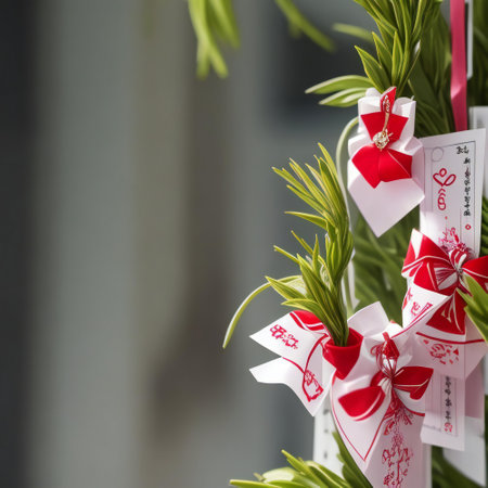Christmas decoration with ribbons and bow on a tree branch with copy spaceの素材