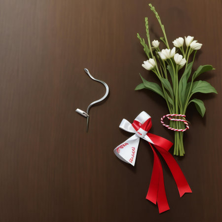Bouquet of white tulips with a red ribbon on a wooden backgroundの素材