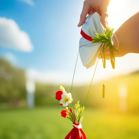 Female hand holding a bouquet of spring flowers on blurred nature backgroundの素材