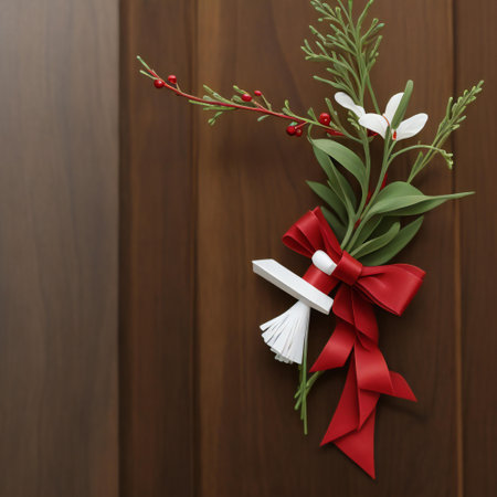 Christmas bouquet with snowdrops and snowflakes on wooden backgroundの素材