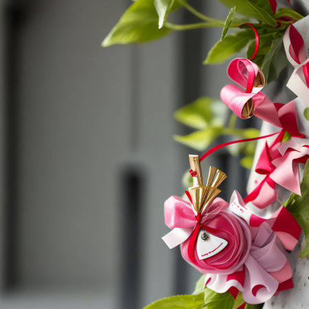 Bouquet of flowers with ribbons and bows on the windowの素材