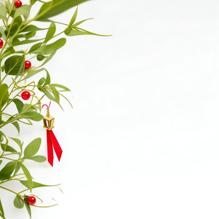Mistletoe branch with red bow on white background with copy spaceの素材