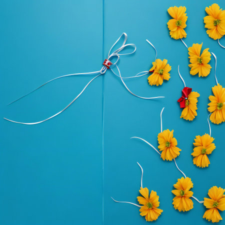 Flowers and ribbon on blue background. Flat lay, top viewの素材