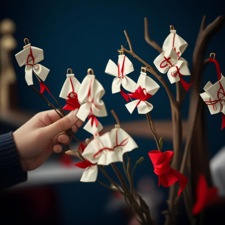 Gift box with red ribbons and bows on a branch.の素材