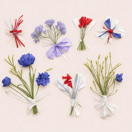 Flowers composition. Bouquet of blue cornflowers on pink background. Flat lay, top view, copy spaceの素材
