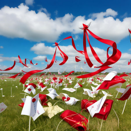 Windmills with red ribbons on green field. 3d renderの素材