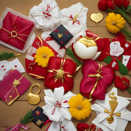 gift boxes and flowers on wooden background, top view, flat layの素材