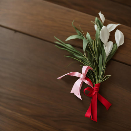 Bouquet of white flowers with red ribbon on wooden background.の素材