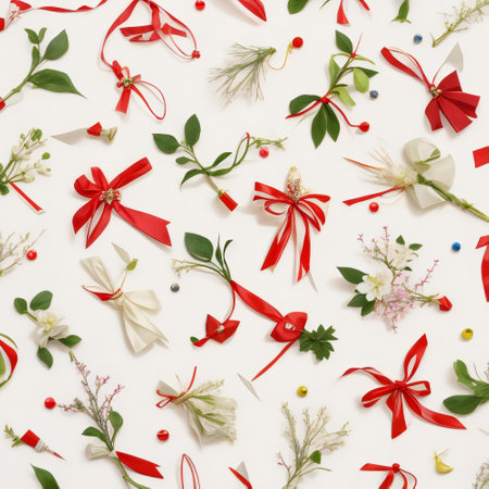 Christmas and New Year pattern made with red ribbons, flowers and berries on white backgroundの素材