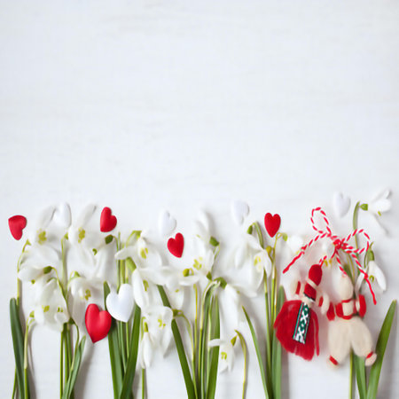 White snowdrops and red hearts on a white wooden background with space for textの素材