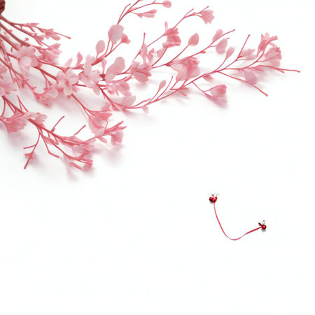 Beautiful pink flowers on white background. Flat lay, top viewの素材