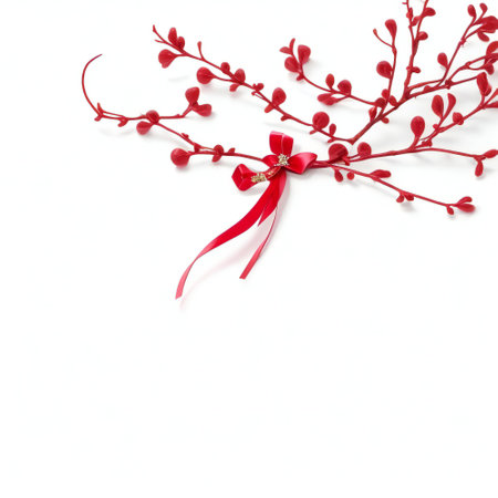 Red twig with a red bow on a white background, isolatedの素材