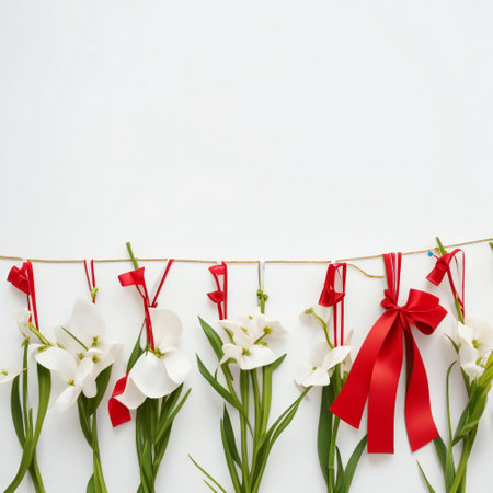 White flowers with red ribbon on white background. Flat lay, top viewの素材