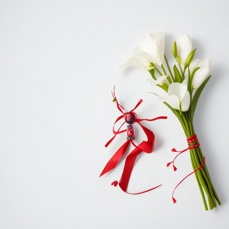 Bouquet of white calla lilies with a red ribbon on a white backgroundの素材