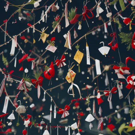 Christmas background with ribbons, bows and ornaments on dark backgroundの素材
