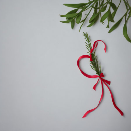 Christmas tree branch with red ribbon on white background. Flat lay, top view.の素材