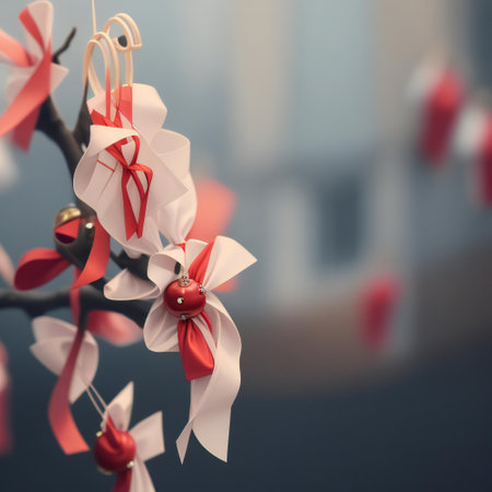 Christmas decoration with red and white ribbons and bows on a branchの素材